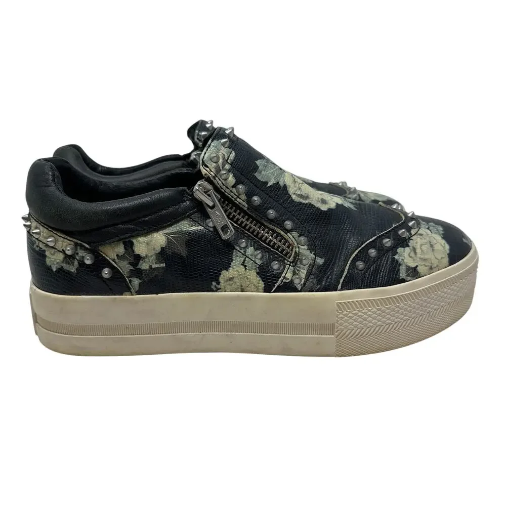Ash Jasmin‎ Platform Sneakers Leather Floral Studded Black Blue Size 38 US 7.5 8